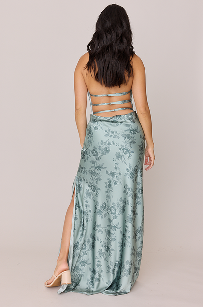 Veronica Satin Floral Print Dress | Made To Order | Sage Bouquet