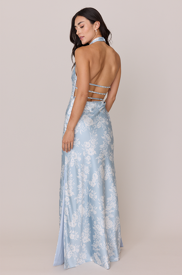 Veronica Satin Floral Print Dress | Made To Order Sky Blue Bouquet Veronica Satin Floral Print Dress | Made To Order Sky Blue Bouquet