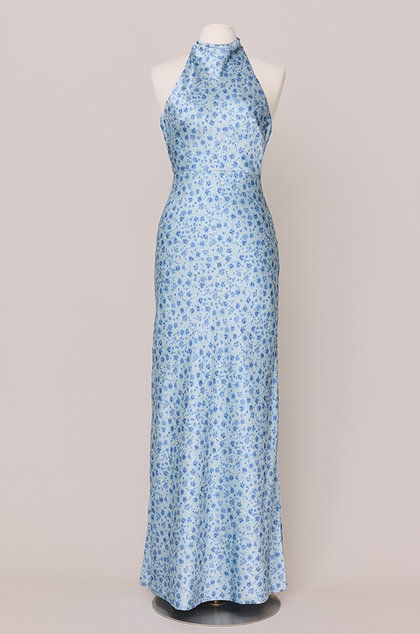 Veronica Satin Floral Print Dress | Made To Order | Sky Blue Posey