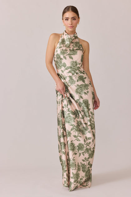 Veronica Satin Floral Print Dress | Made To Order | Moss Garden
