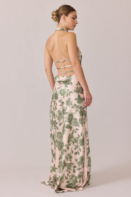 Veronica Satin Floral Print Dress | Made To Order | Moss Garden
