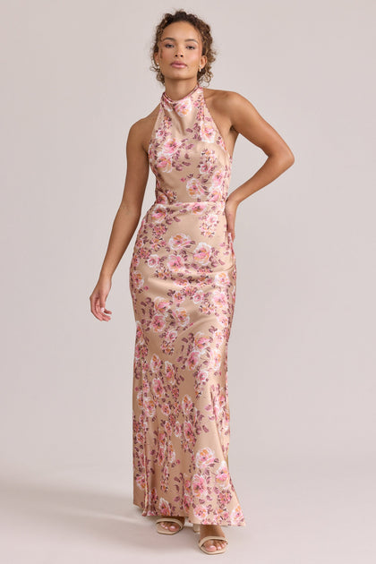 Veronica Satin Floral Print Dress | Made To Order | Honey Beige Blossom