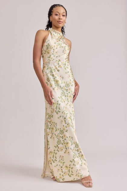 Veronica Satin Floral Print Dress | Made To Order | Pale Yellow Blossom