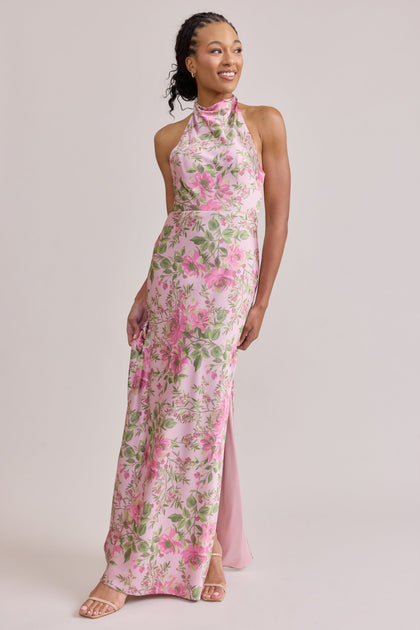 Veronica Satin Floral Print Dress | Made To Order | Perfect Pink Meadow Blooms