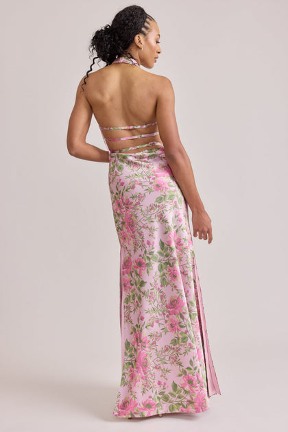 Veronica Satin Floral Print Dress | Made To Order | Perfect Pink Meadow Blooms