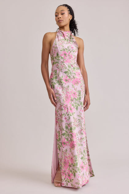 Veronica Satin Floral Print Dress | Made To Order | Perfect Pink Meadow Blooms