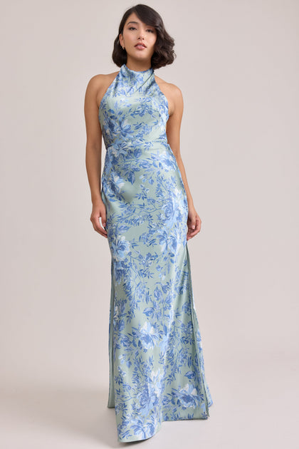 Veronica Satin Floral Print Dress | Made To Order | Sage and Sky Blue Meadow Blooms