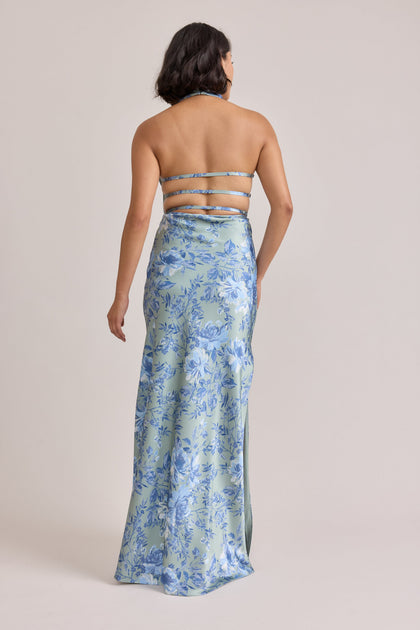 Veronica Satin Floral Print Dress | Made To Order | Sage and Sky Blue Meadow Blooms