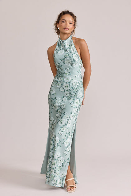 Veronica Satin Floral Print Dress | Made To Order | Sage Blossom