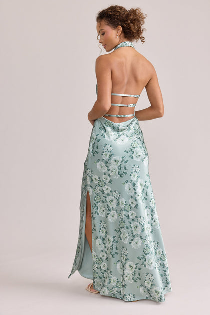 Veronica Satin Floral Print Dress | Made To Order | Sage Blossom