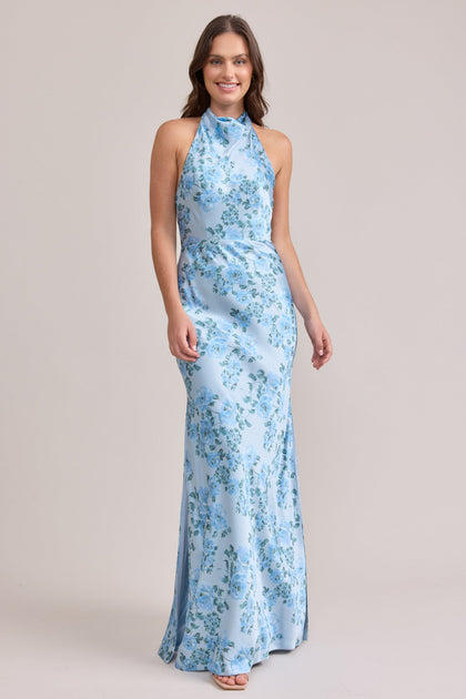 Veronica Satin Floral Print Dress | Made To Order | Sky Blue Blossom