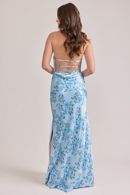 Veronica Satin Floral Print Dress | Made To Order | Sky Blue Blossom