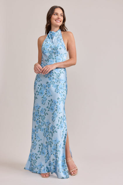 Veronica Satin Floral Print Dress | Made To Order | Sky Blue Blossom