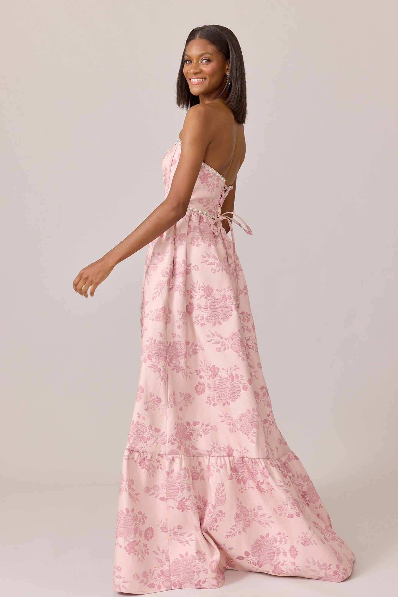 rosémuse jacquard check dress pink Hibiscus Pink Strapless Floral Jacquard Column Bridesmaid Dress