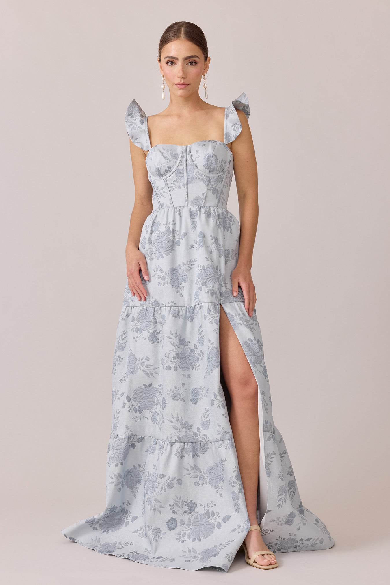 grey jacquard dress Mishima Karatsu" Floral Pattern Jacquard Draped DressGrey