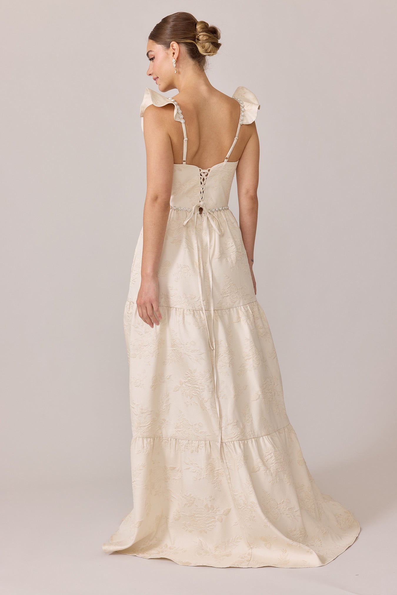 champagne jacquard dress TERI JON - Leoni - Metallic Jacquard Organza Dress