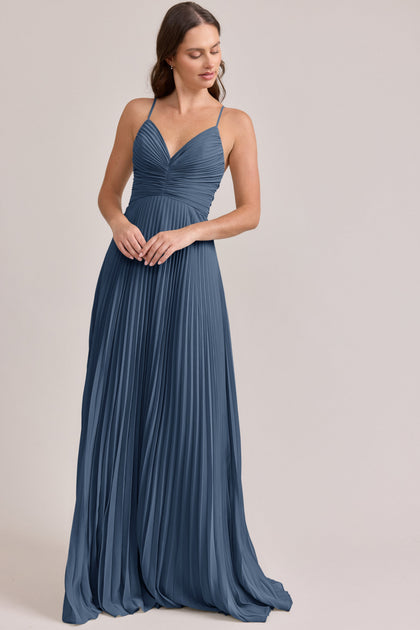 Vivian Chiffon Pleated Dress | Made To Order | Dusty Blue