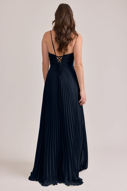 Vivian Chiffon Pleated Dress | Made To Order | Navy Blue