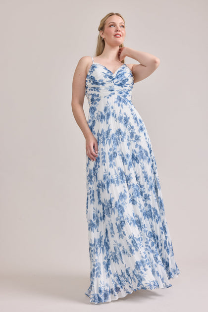 Vivian Chiffon Pleated Floral Print Dress | Made To Order | Dusty Blue Bouquet