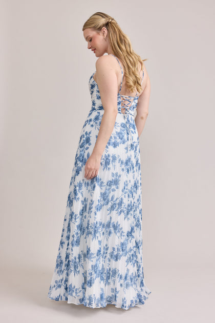 Vivian Chiffon Pleated Floral Print Dress | Made To Order | Dusty Blue Bouquet