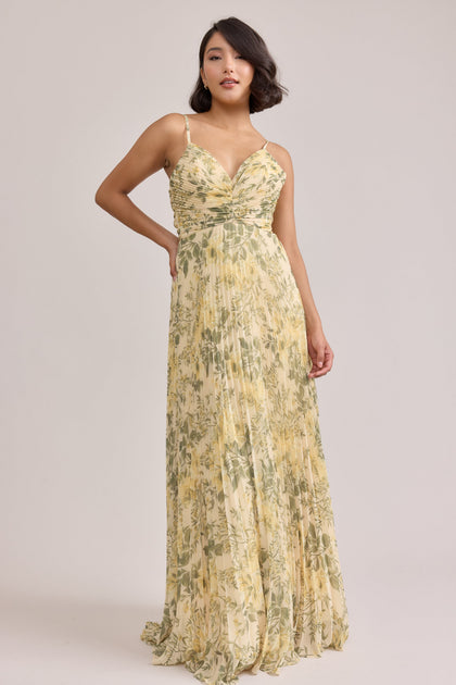 Vivian Chiffon Pleated Floral Print Dress | Made To Order | Pale Yellow Meadow Blooms