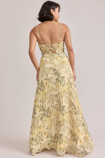 Vivian Chiffon Pleated Floral Print Dress | Made To Order | Pale Yellow Meadow Blooms