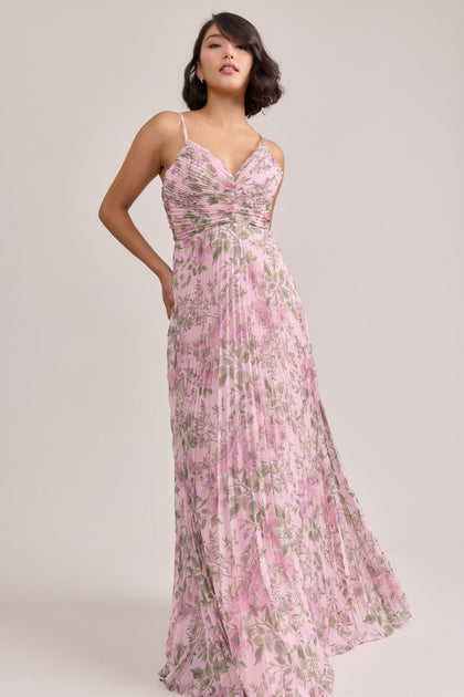 Vivian Chiffon Pleated Floral Print Dress | Made To Order | Perfect Pink Meadow Blooms