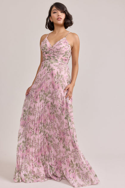 Vivian Chiffon Pleated Floral Print Dress | Made To Order | Perfect Pink Meadow Blooms