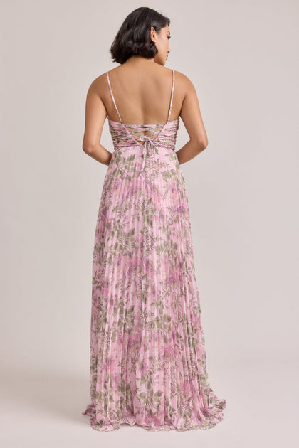 Vivian Chiffon Pleated Floral Print Dress | Made To Order | Perfect Pink Meadow Blooms