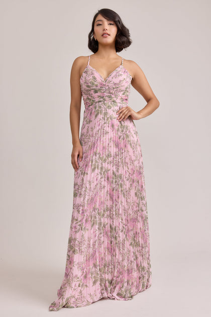Vivian Chiffon Pleated Floral Print Dress | Made To Order | Perfect Pink Meadow Blooms