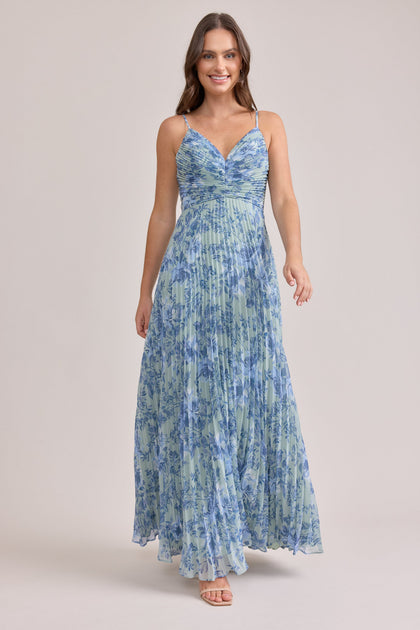 Vivian Chiffon Pleated Floral Print Dress | Made To Order | Sage and Sky Blue Meadow Blooms