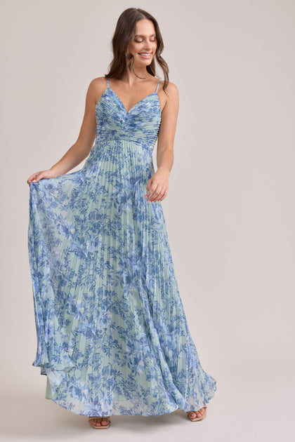 Vivian Chiffon Pleated Floral Print Dress | Made To Order | Sage and Sky Blue Meadow Blooms