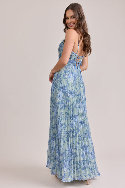 Vivian Chiffon Pleated Floral Print Dress | Made To Order | Sage and Sky Blue Meadow Blooms