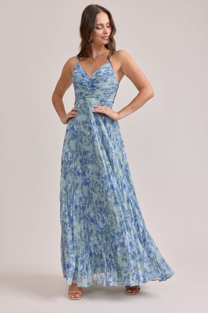 Vivian Chiffon Pleated Floral Print Dress | Made To Order | Sage and Sky Blue Meadow Blooms