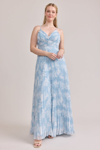 Vivian Chiffon Pleated Floral Print Dress | Made To Order | Sky Blue Bouquet