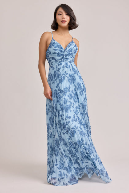 Vivian Chiffon Pleated Floral Print Dress | Made To Order | Sky Blue Garden