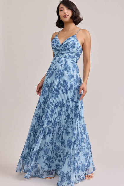 Vivian Chiffon Pleated Floral Print Dress | Made To Order | Sky Blue Garden