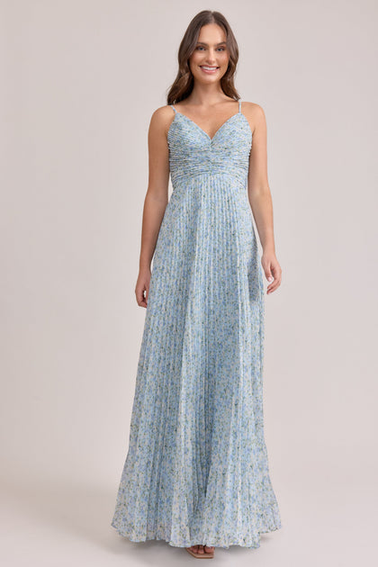 Vivian Chiffon Pleated Floral Print Dress | Made To Order | Sky Blue Multi Posey