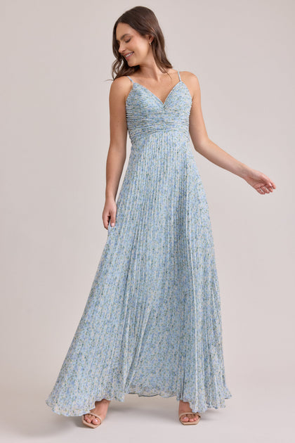 Vivian Chiffon Pleated Floral Print Dress | Made To Order | Sky Blue Multi Posey