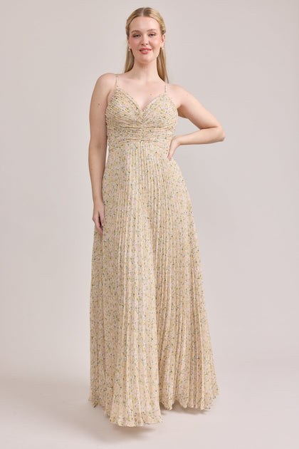 Vivian Chiffon Pleated Floral Print Dress | Made To Order | Yellow Posey