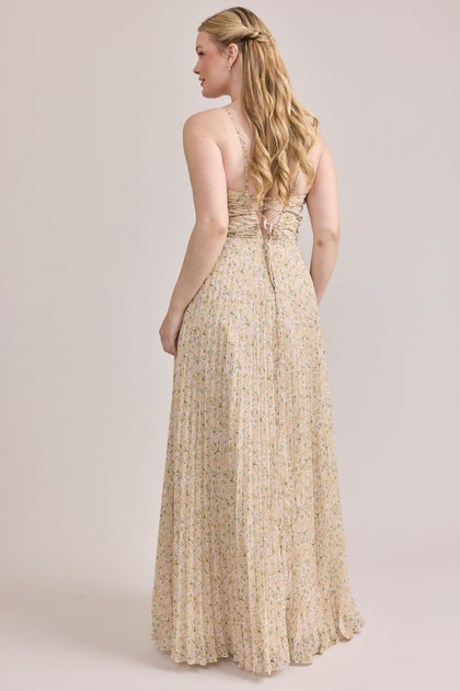 Vivian Chiffon Pleated Floral Print Dress | Made To Order | Yellow Posey