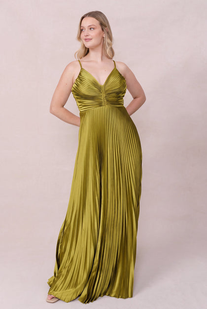 Vivian Satin Pleated Dress | Made To Order | Chartreuse
