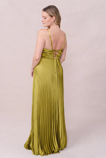 Vivian Satin Pleated Dress | Made To Order | Chartreuse