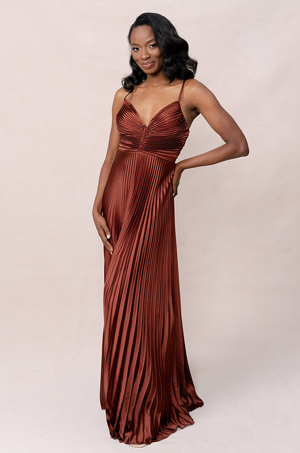 Vivian Satin Pleated Dress | Made To Order Gold Champagne Vivian Satin Pleated Dress | Made To Order Gold Champagne
