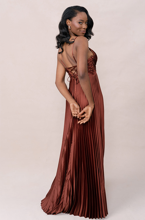 Vivian Satin Pleated Dress | Made To Order Gold Champagne Vivian Satin Pleated Dress | Made To Order Gold Champagne