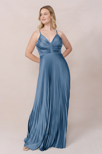 Vivian Satin Pleated Dress | Made To Order | True Blue