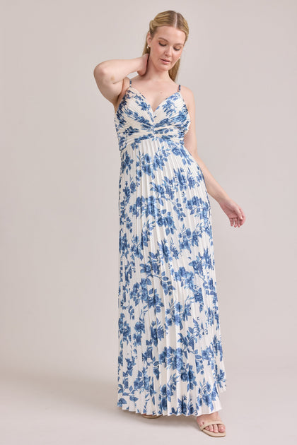 Vivian Satin Pleated Floral Print Dress | Made To Order | Dusty Blue Bouquet