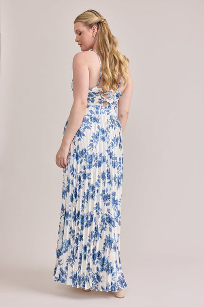 Vivian Satin Pleated Floral Print Dress | Made To Order | Dusty Blue Bouquet