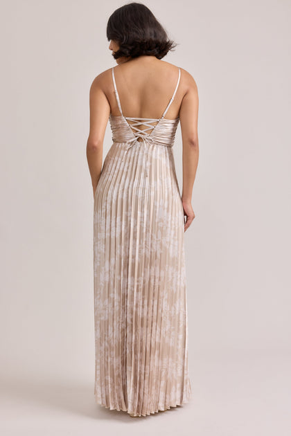 Vivian Satin Pleated Floral Print Dress | Made To Order | Gold Champagne Bouquet