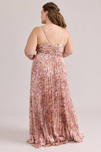 Vivian Satin Pleated Floral Print Dress | Made To Order | Honey Beige Blossom
